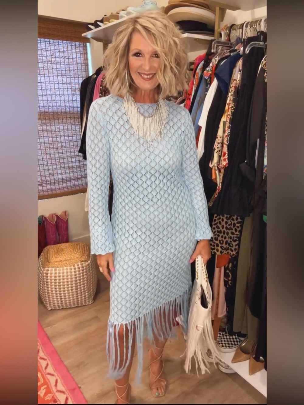 Light Blue Knit Fringe Long-Sleeve Swim Dress